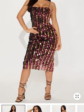 Fashion Nova Black Sequin Dress with Pink & Gold Discs